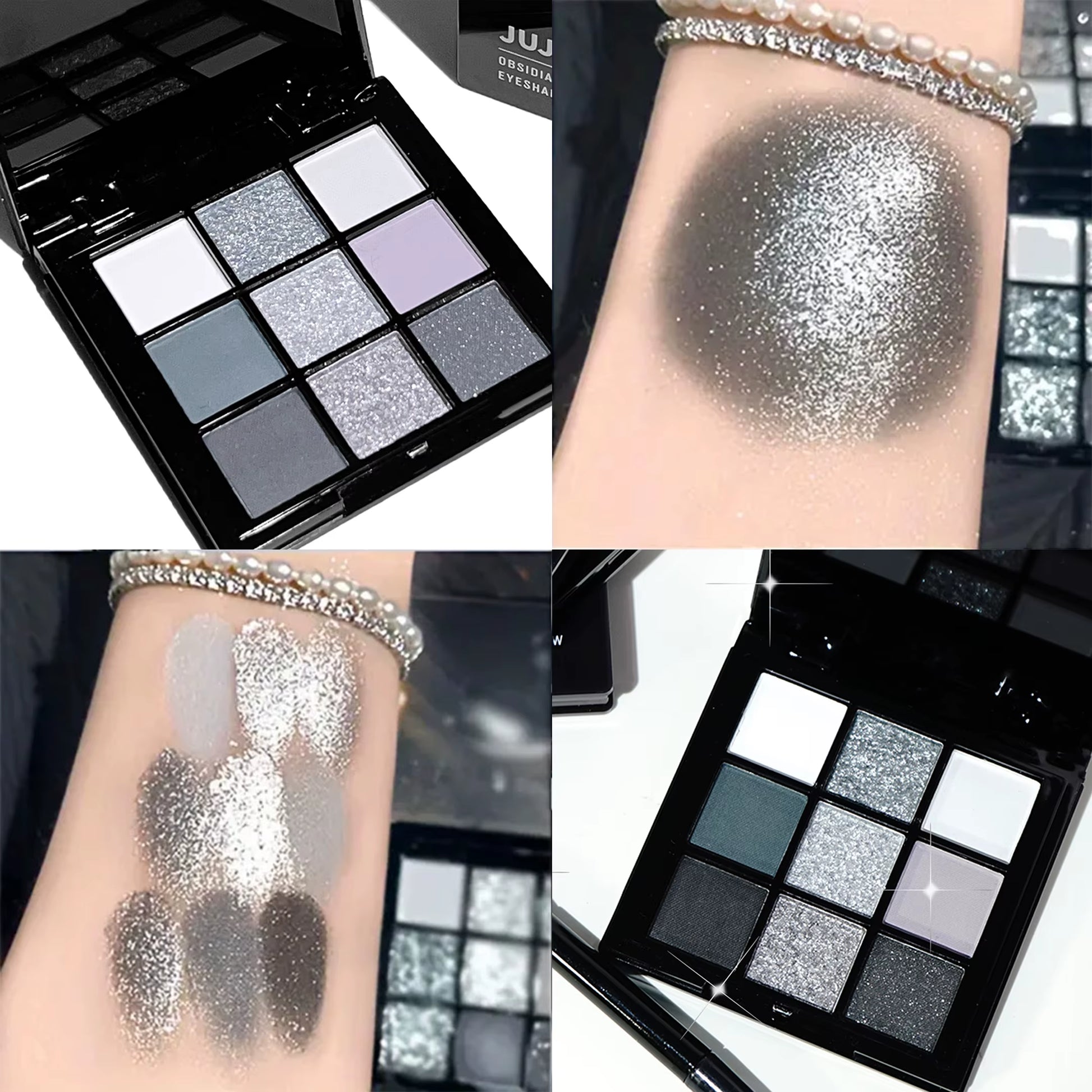 9-Shade Eyeshadow Palette: Black Swan, Smoky, Dark Black, Grey Silver Glitter, Matte Finish, Long-Lasting, and Easy to Color